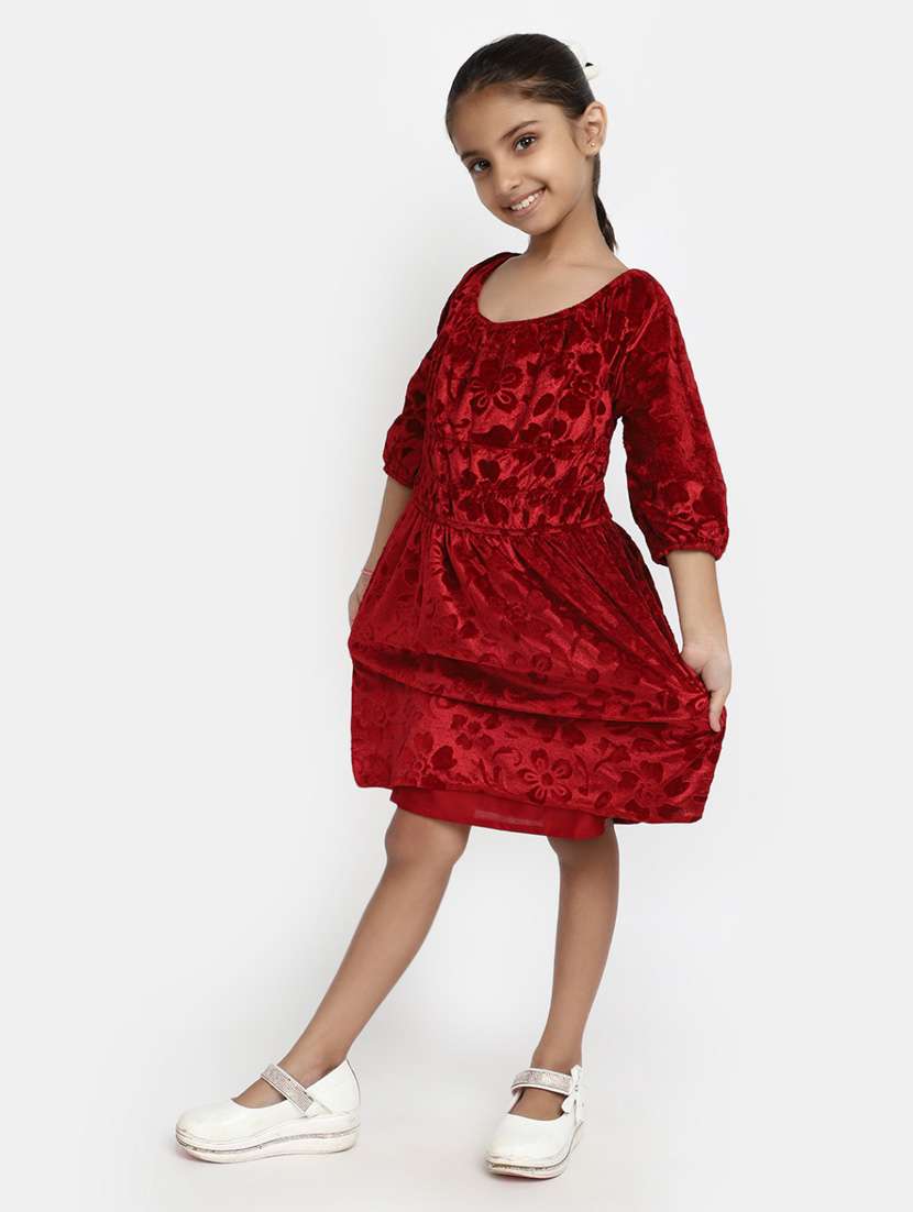 girls red round neck self design velvet frock - 20282328 -  Standard Image - 1