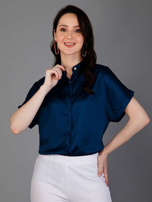 navy blue satin boxy shirt - 20282365 -  Standard Image - 0