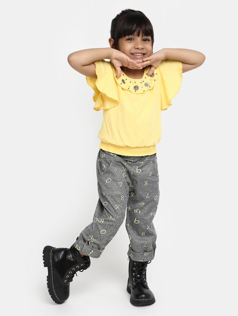 girls yellow neck detailed top & printed capri set - 20282602 -  Standard Image - 1