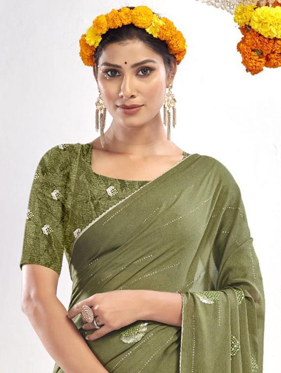 olive green embellished saree with blouse - 20282782 - Standard Image - 1