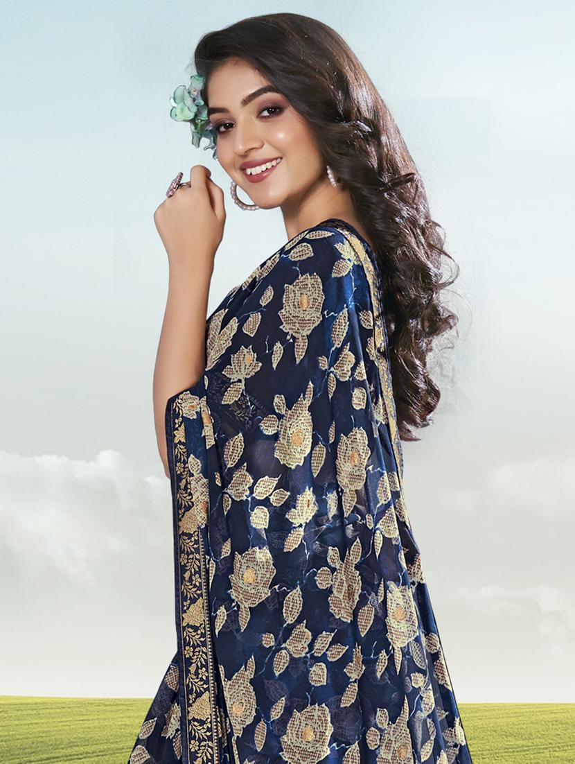 navy georgette printed saree with blouse - 20282799 -  Standard Image - 1