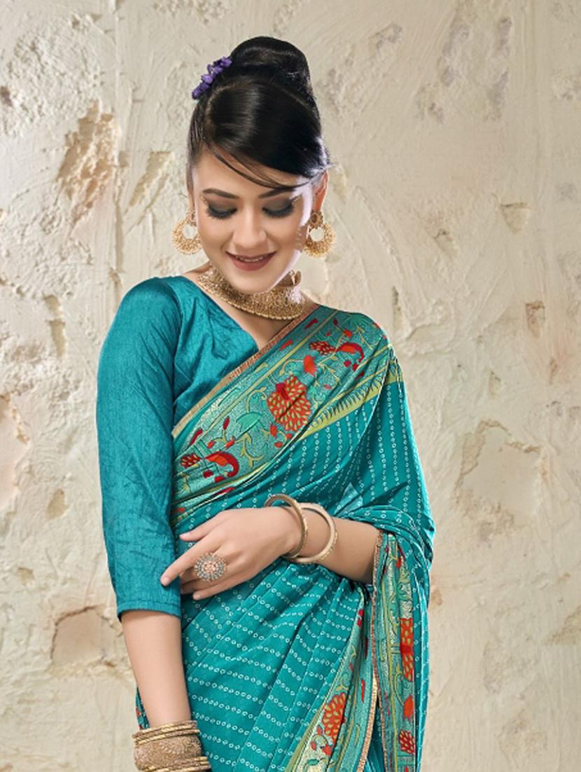 turquoise printed saree  with blouse - 20282834 -  Standard Image - 1