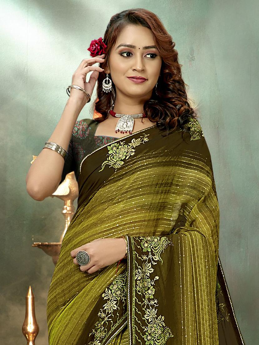 olive colored printed saree with blouse - 20282858 - Standard Image - 1