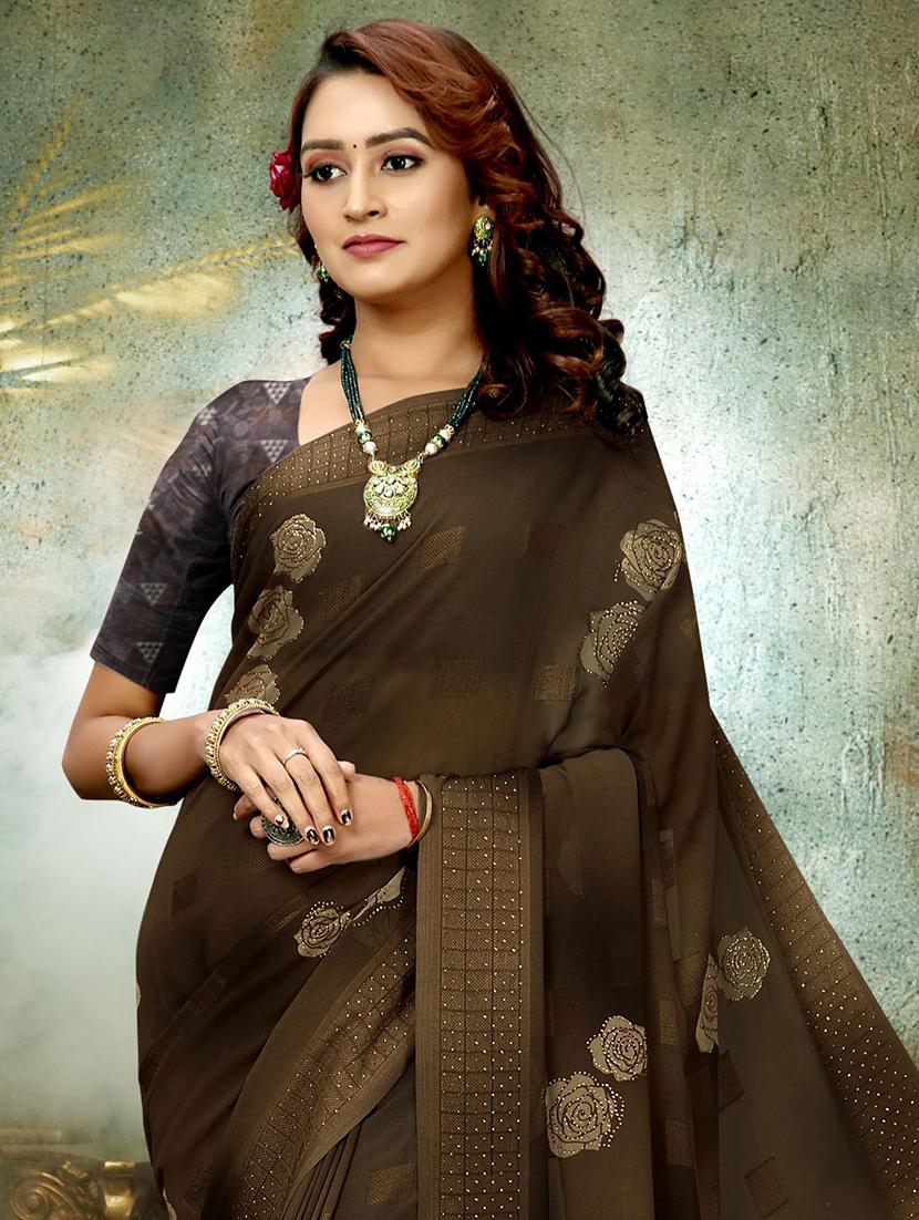 brown colored embellished saree with blouse - 20282957 - Standard Image - 1