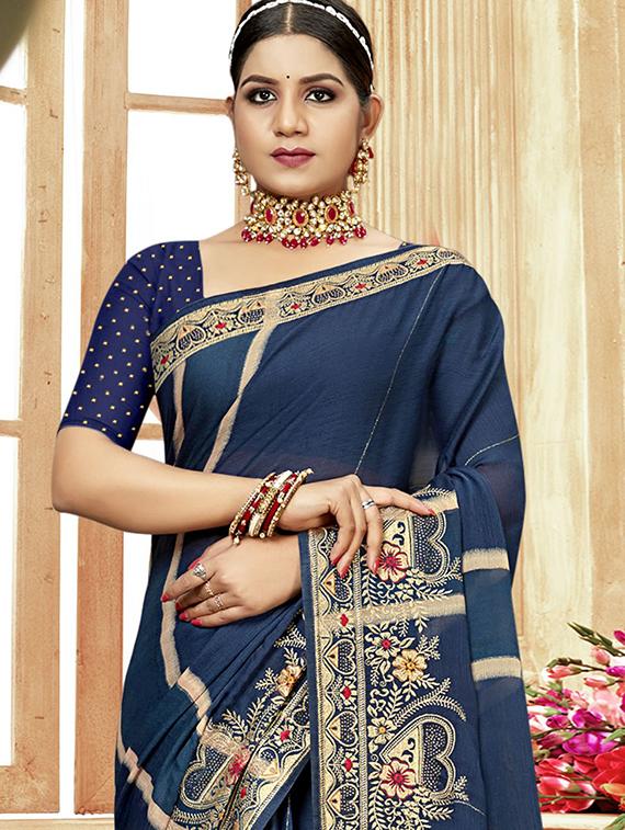 navy blue colored embroidered saree with blouse - 20283510 - Standard Image - 1