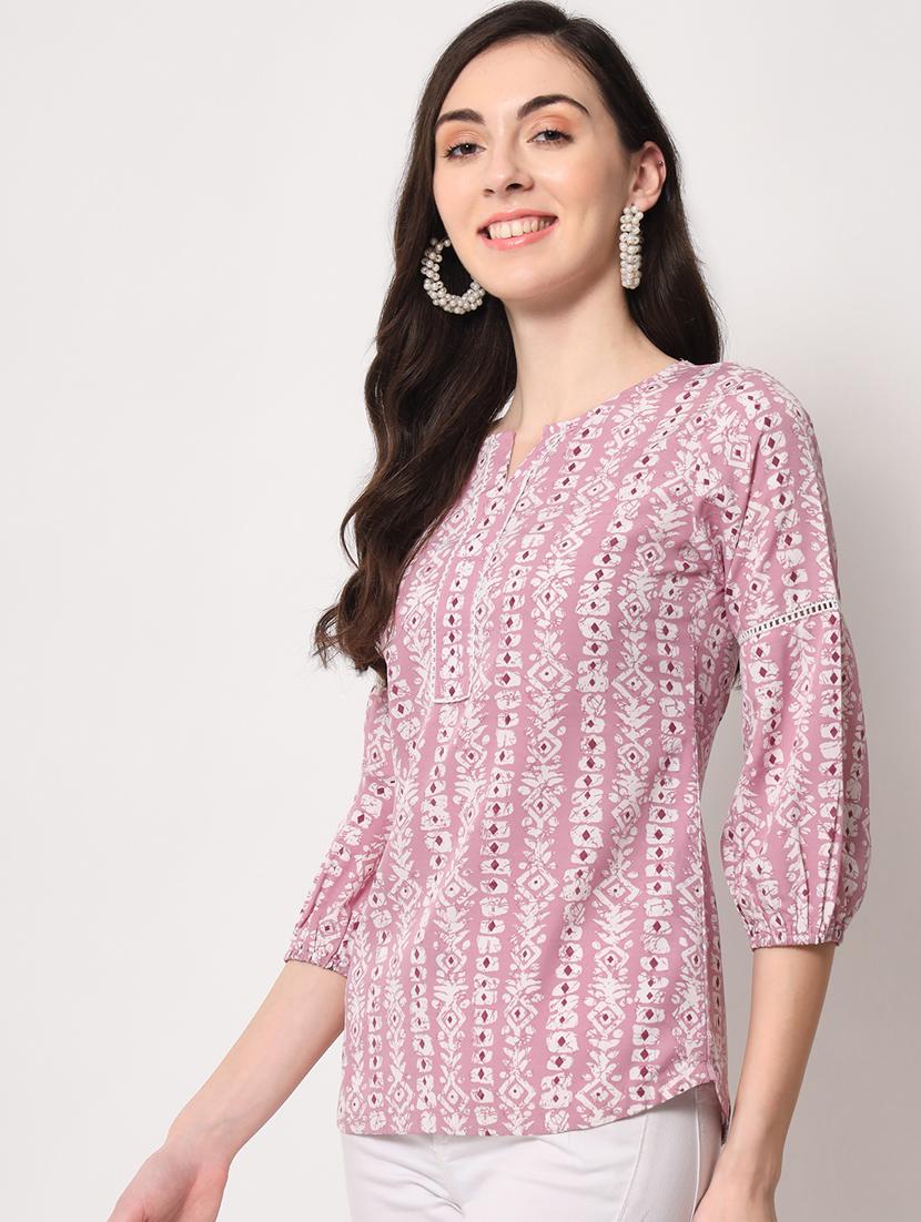 women lavender printed notch neck top - 20283937 - Standard Image - 1