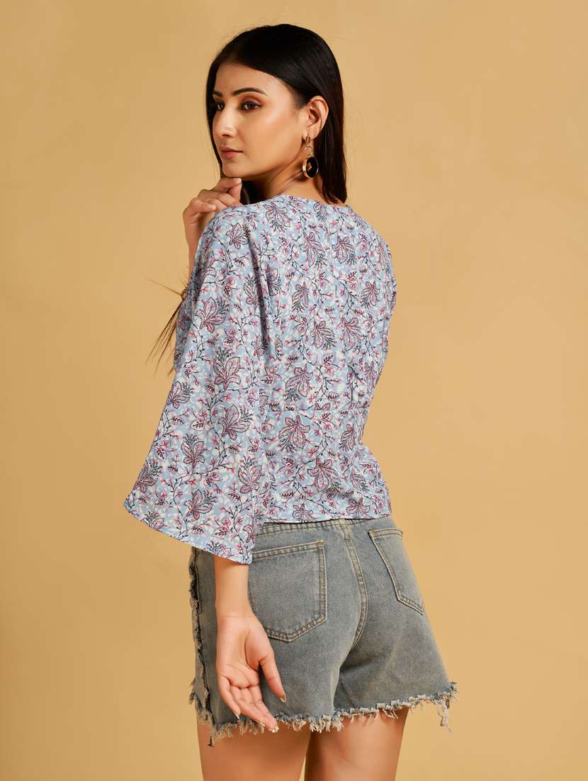 light blue floral print bell sleevs peplum top - 20284273 - Standard Image - 1