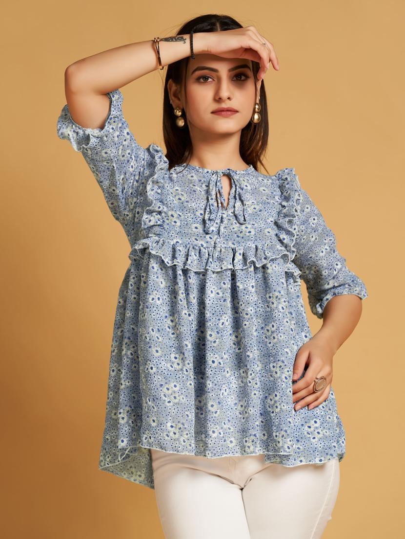 light blue floral print tie up neck a-line top - 20284284 - Standard Image - 1