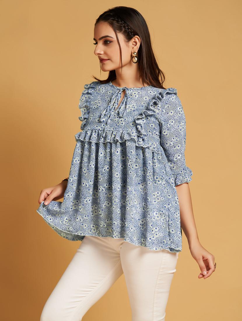 light blue floral print tie up neck a-line top - 20284284 - Standard Image - 4