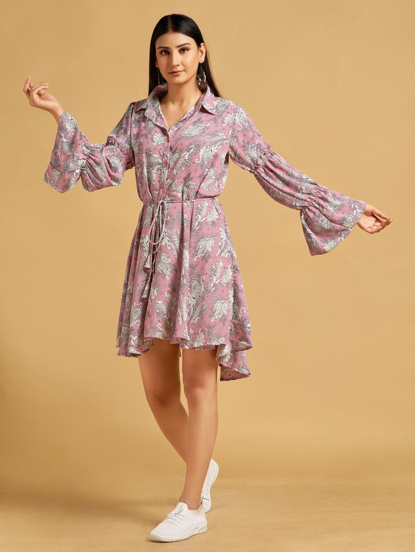 pink paisley print bell sleeves fit & flare dress - 20284307 -  Standard Image - 1