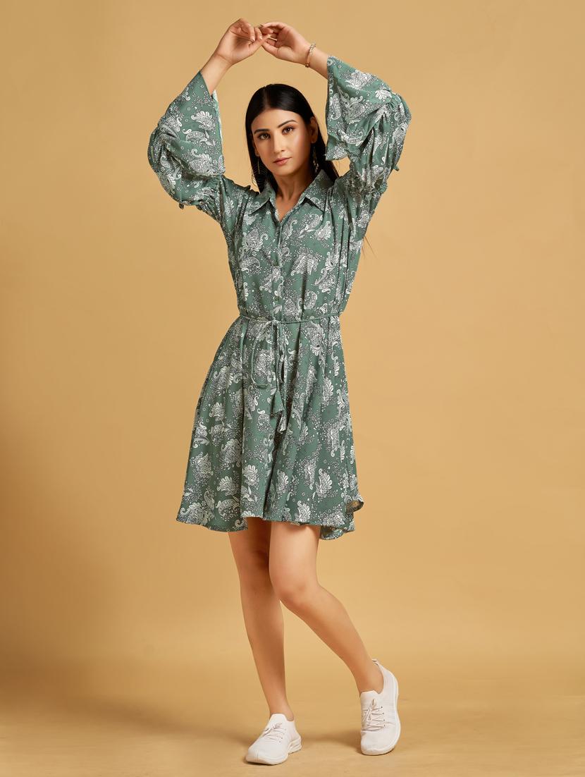 green paisley print bell sleeves fit & flare dress - 20284309 -  Standard Image - 1