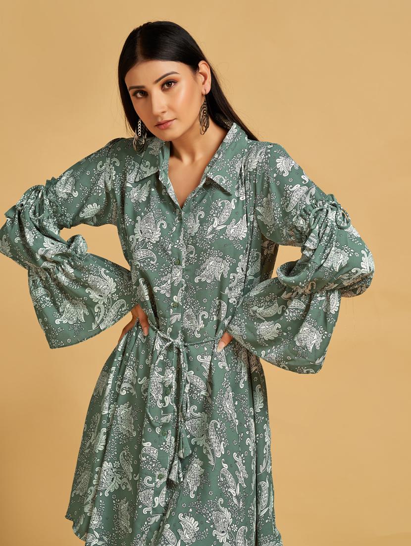 green paisley print bell sleeves fit & flare dress - 20284309 - Standard Image - 4
