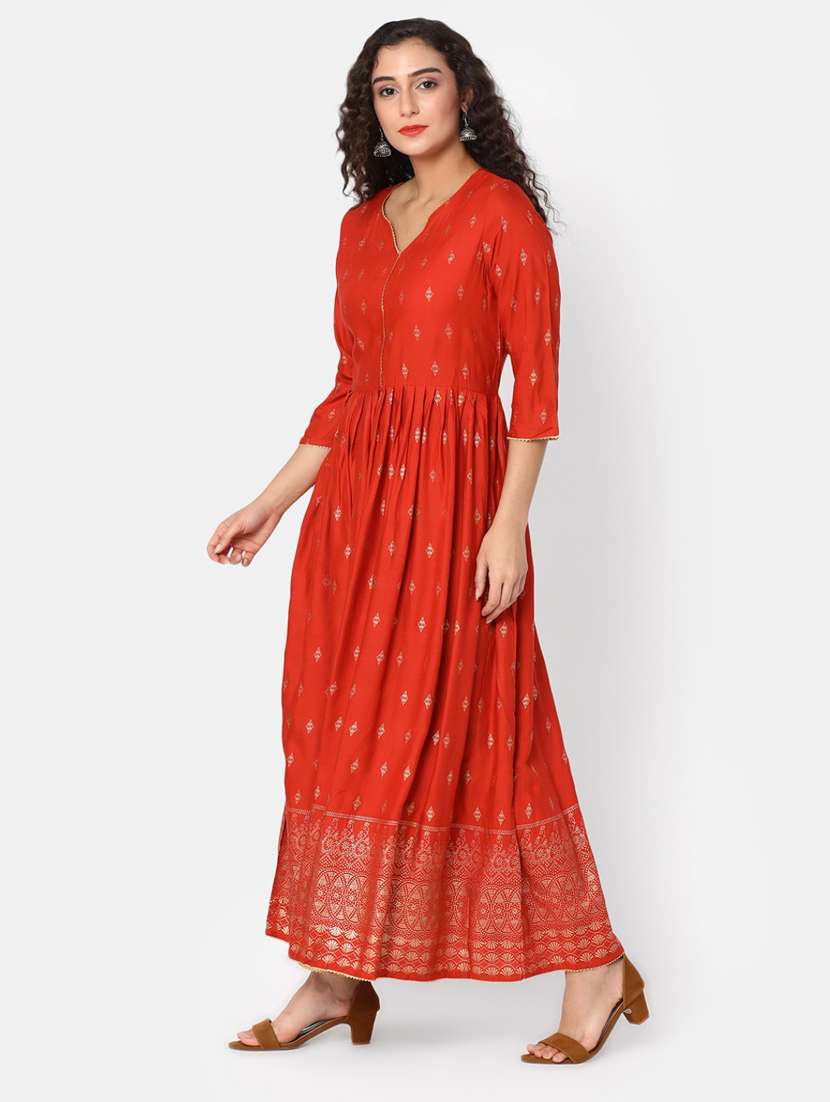 women red notch neck flared dress - 20285828 -  Standard Image - 1