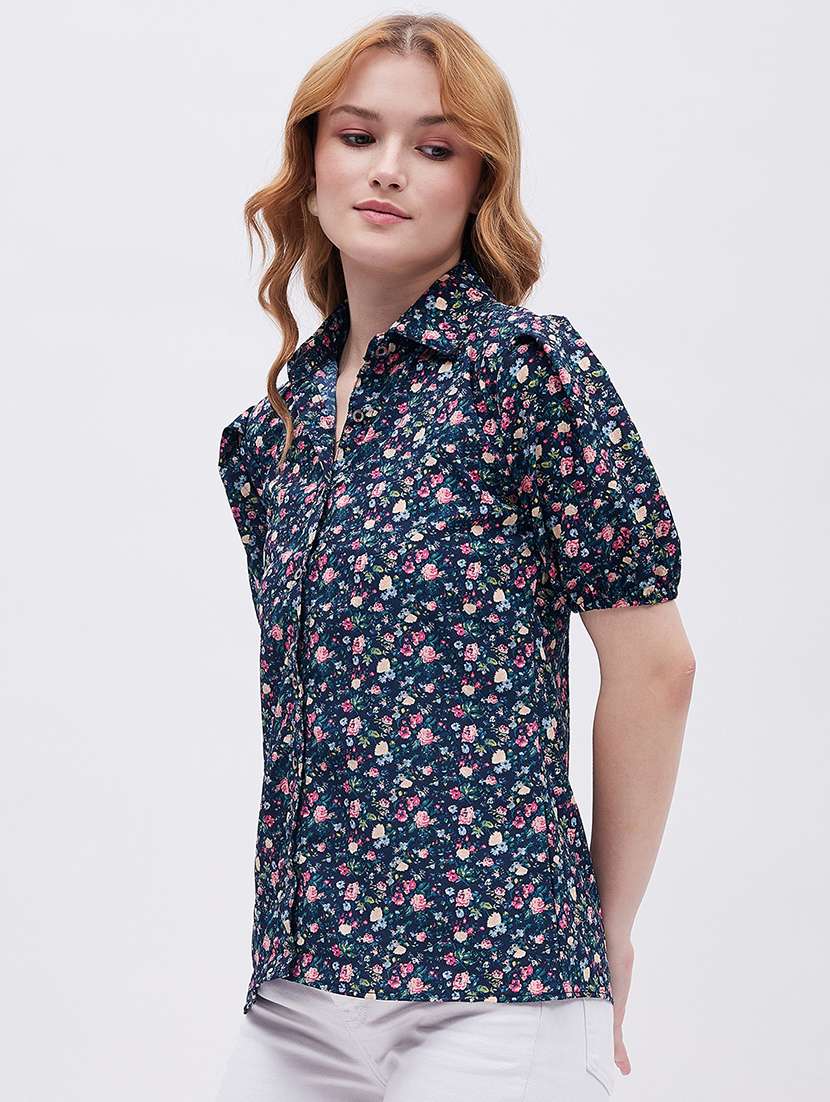 women floral print puff sleeves shirt
