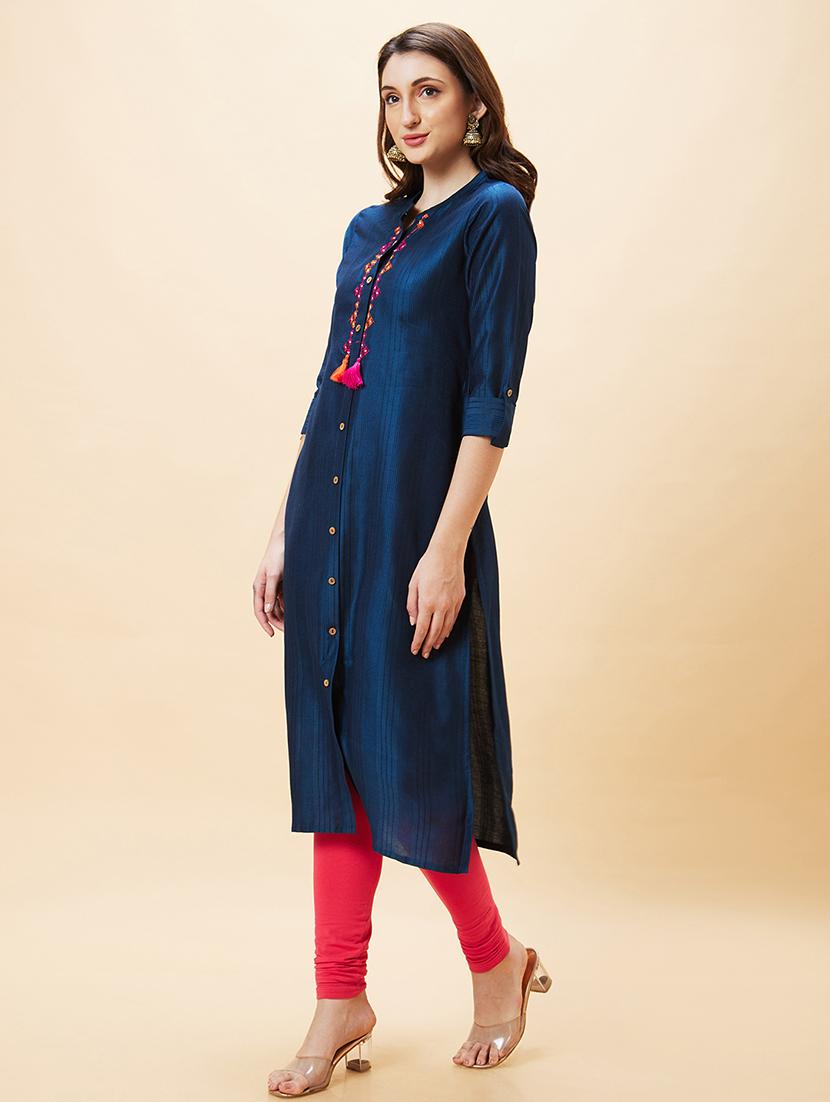 women navy blue polyester straight kurta - 20288166 - Standard Image - 1