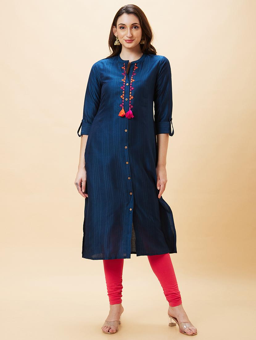 women navy blue polyester straight kurta - 20288166 - Standard Image - 4