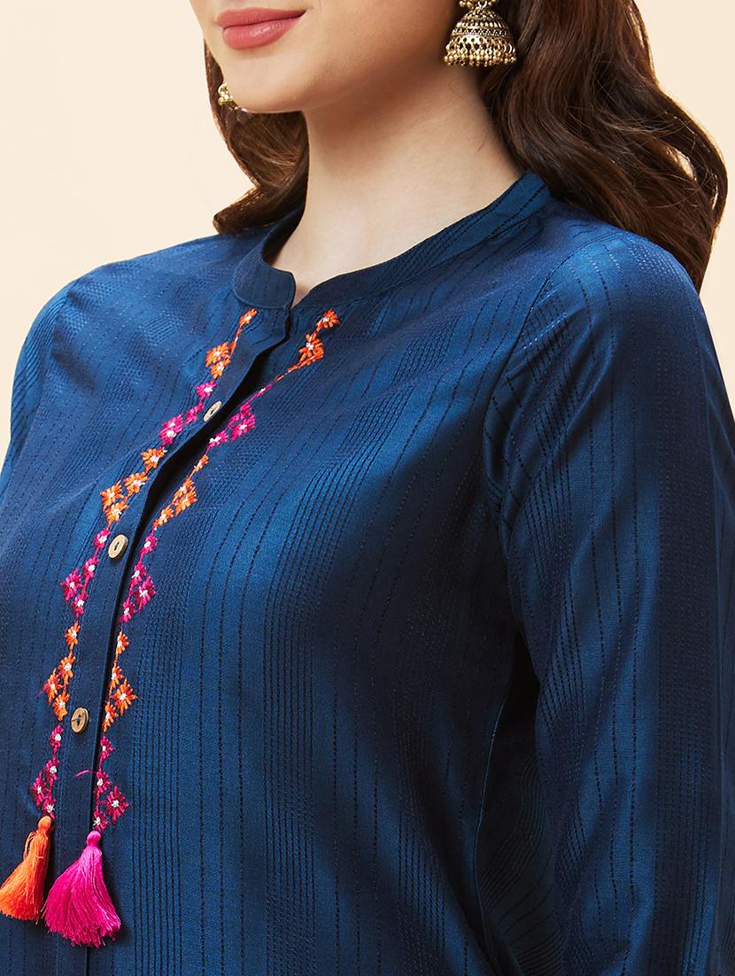 women navy blue polyester straight kurta - 20288166 - Standard Image - 6