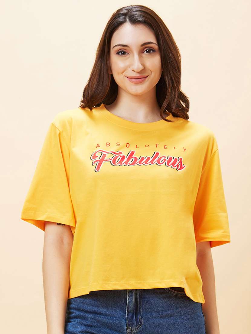 women yellow cotton chest print t-shirt