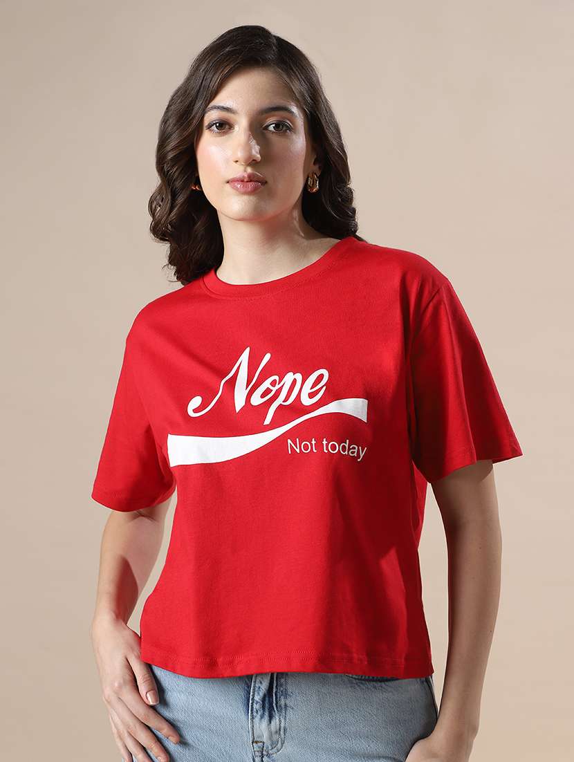 globus women red drop shoulder graphic printed oversized trendy crop t-shirt