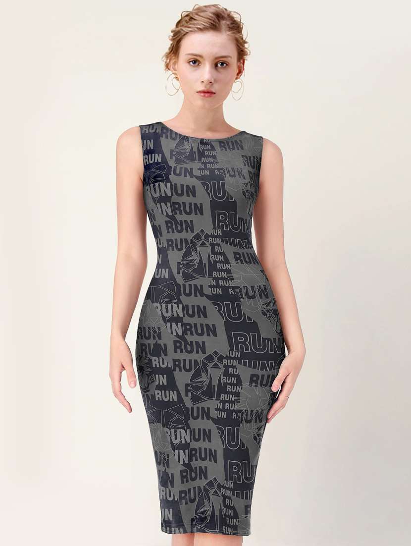 grey typographic print sleeveless bodycon dress