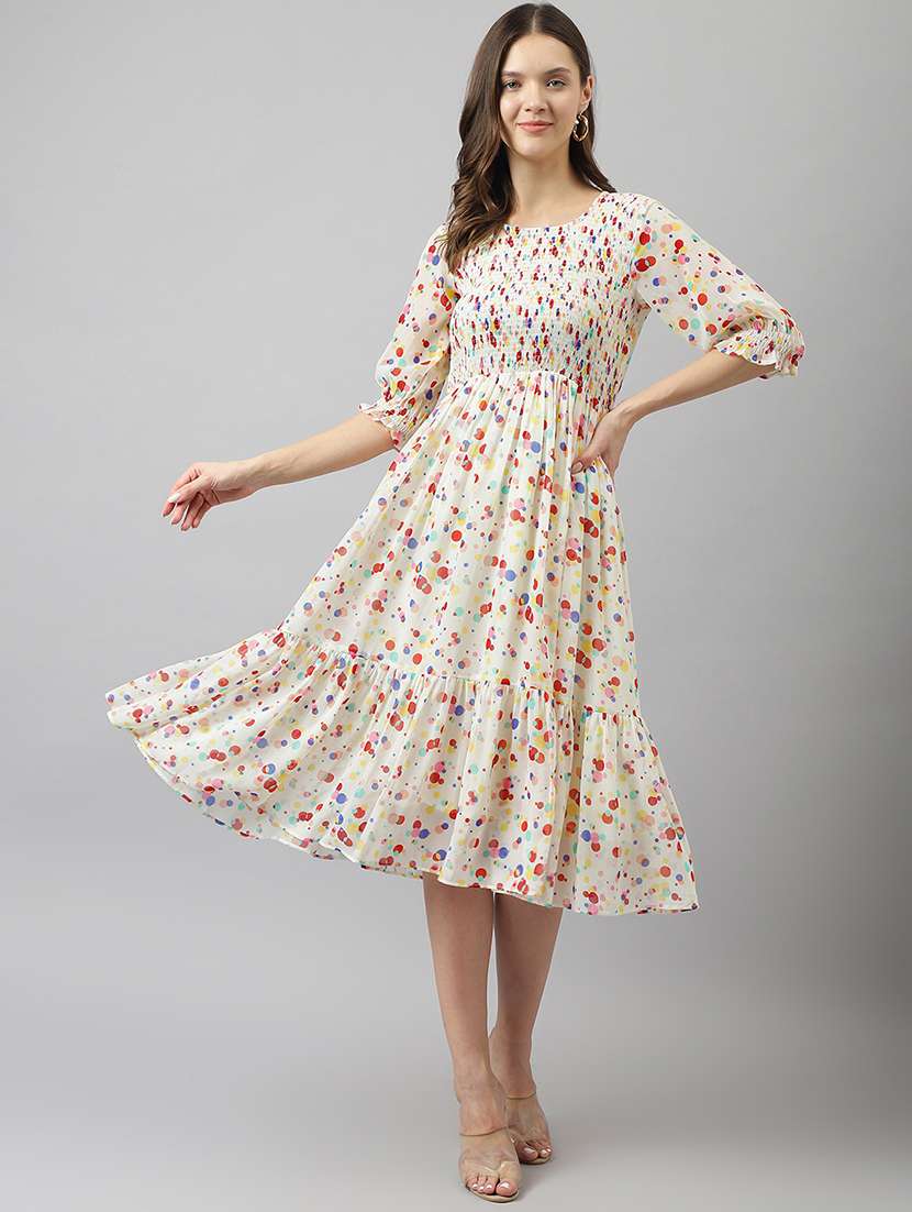 white polka doted round neck fit & flare dress