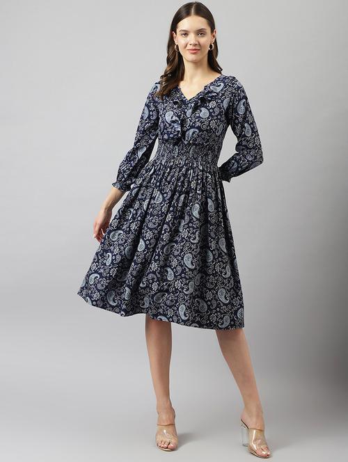 navy blue paisley print ruffled dress - 20288233 - Standard Image - 0