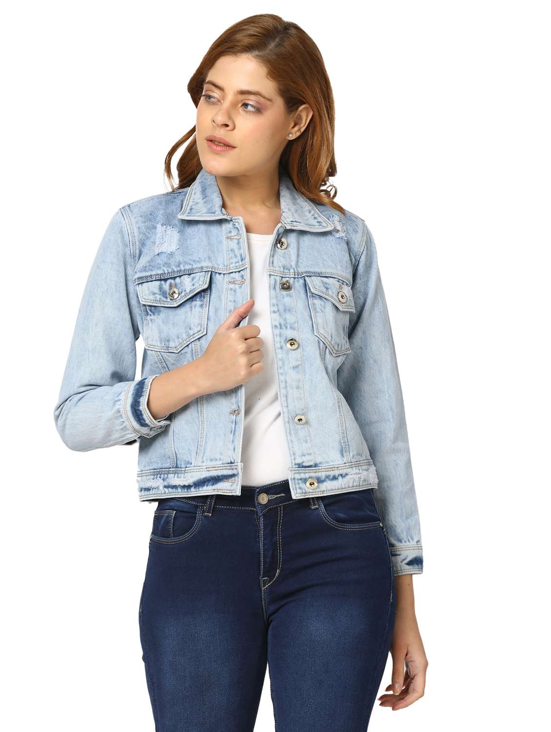 women light blue solids denim jacket