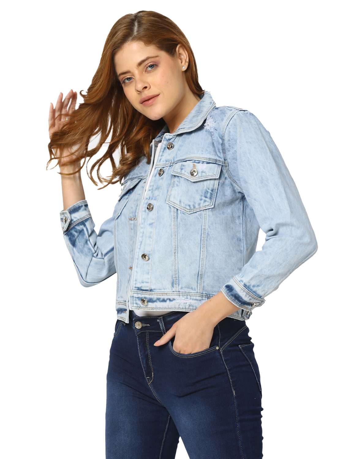 women light blue solids denim jacket - 20288970 -  Standard Image - 1