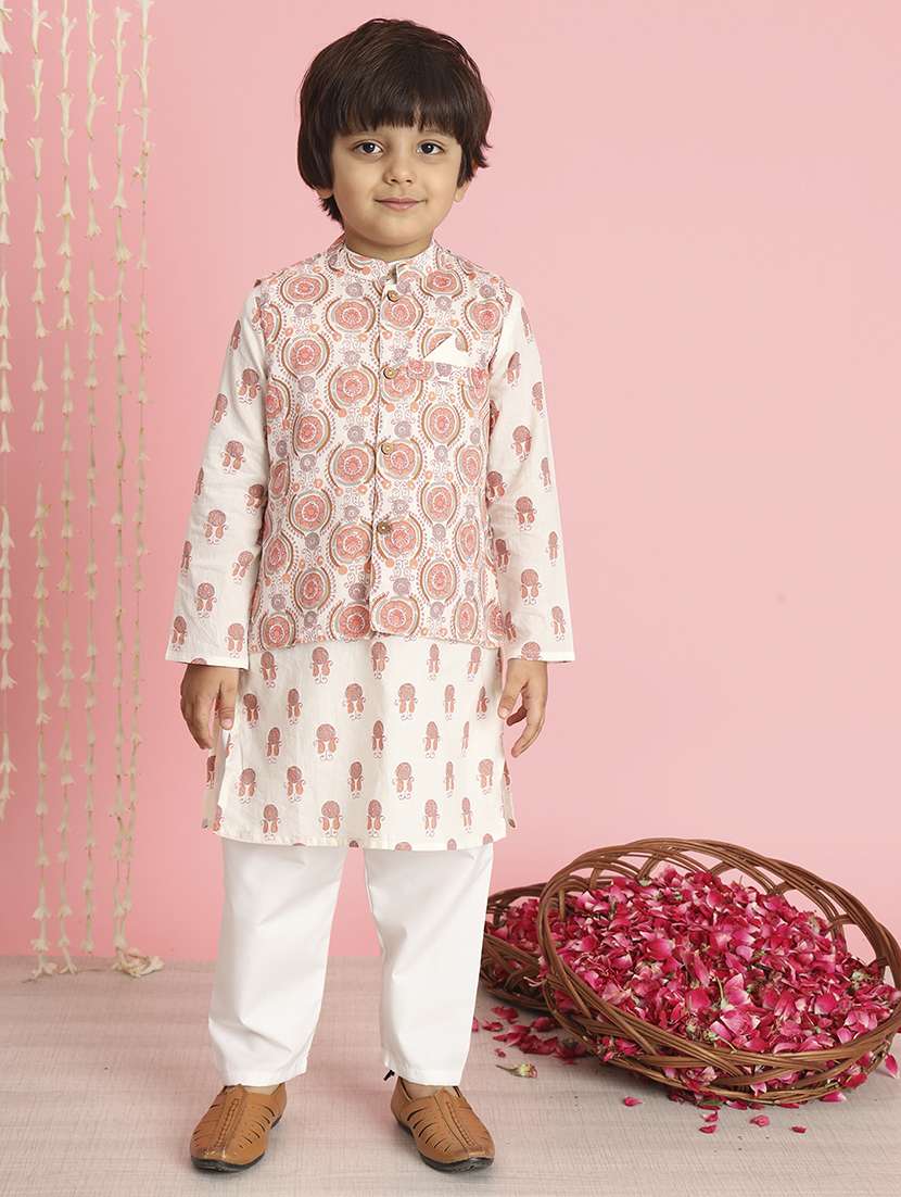 boy white printed kurta set with jacket