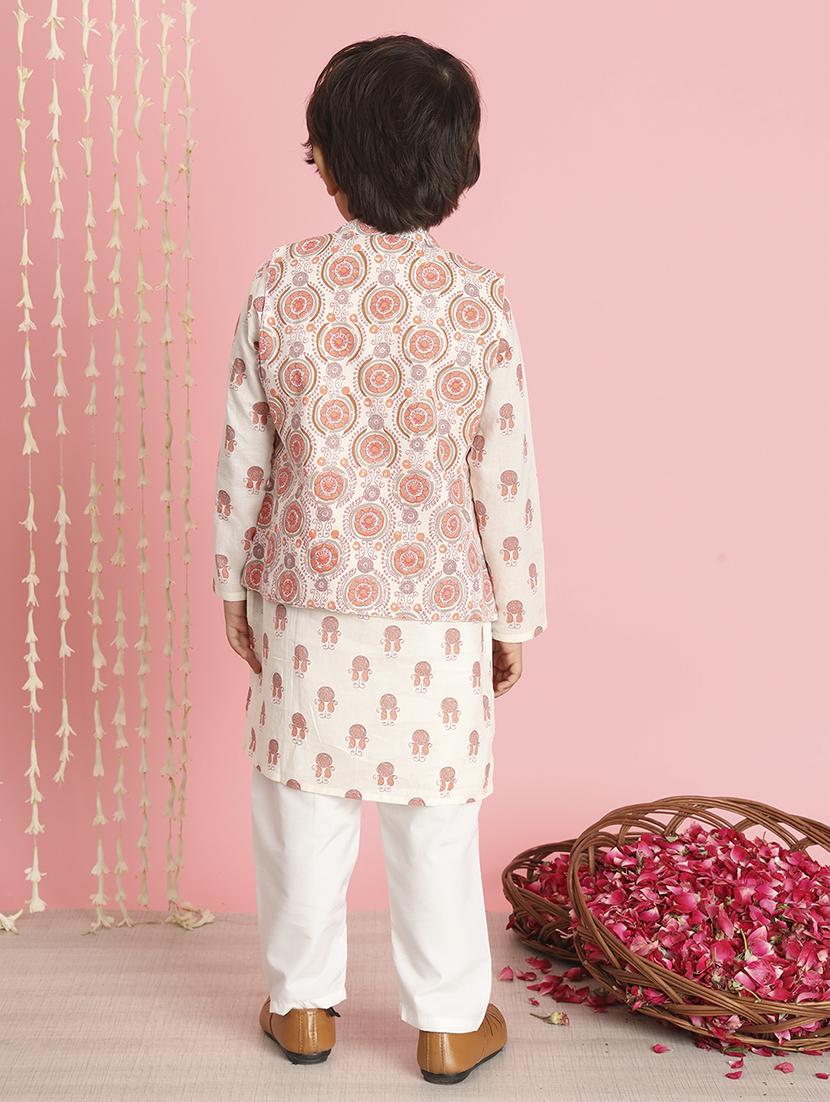 boy white printed kurta set with jacket - 20289230 - Standard Image - 4
