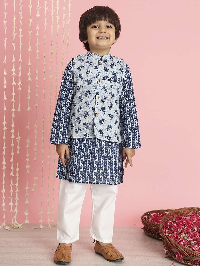 boy blue printed kurta set with nehru jacket