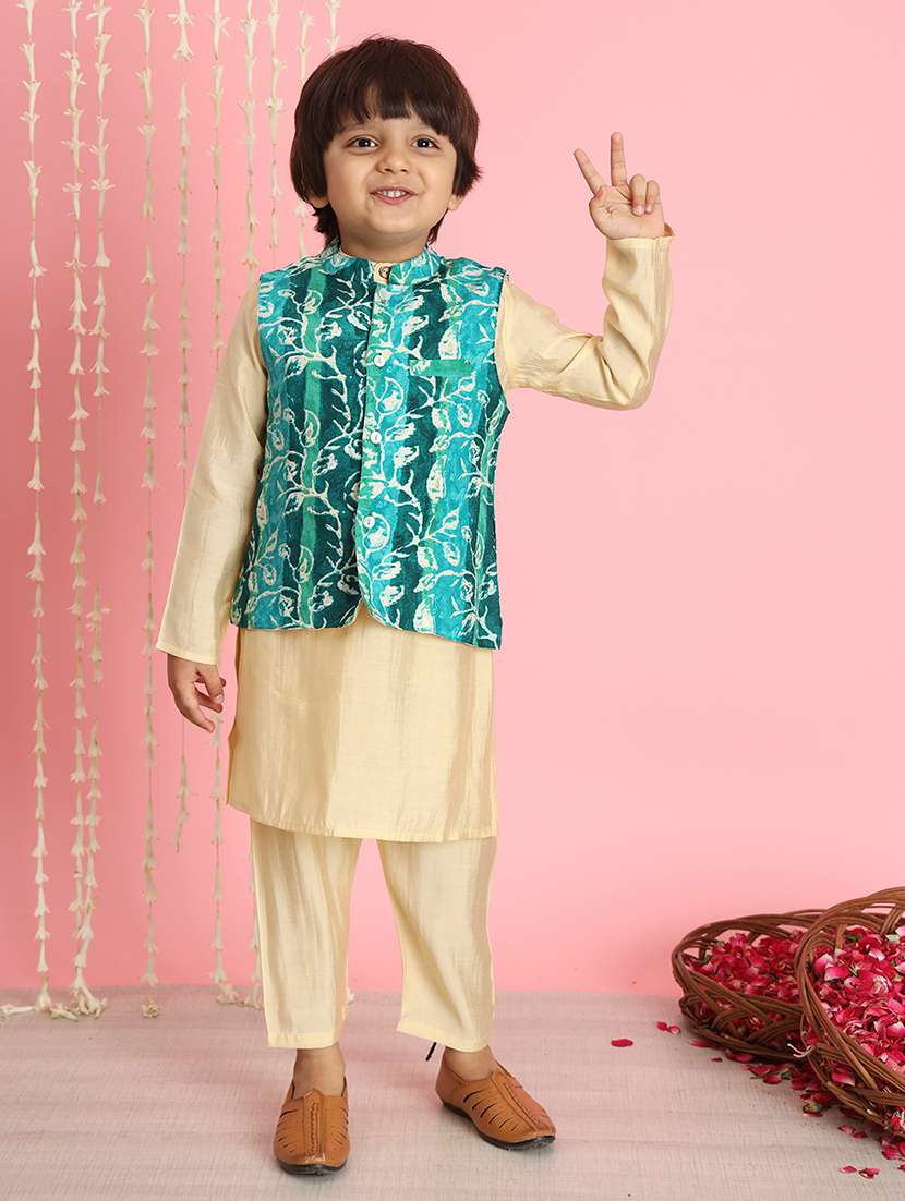 boy beige solid kurta set with printed nehru jacket