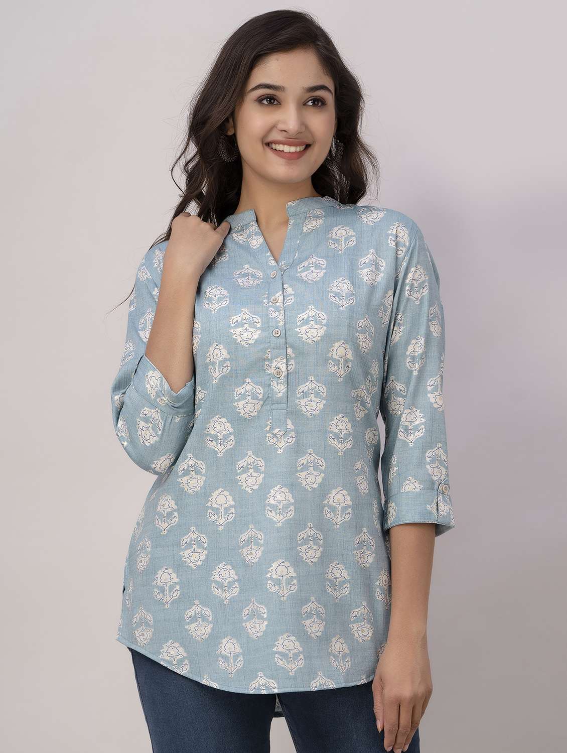 light blue printed mandarin neck tunic