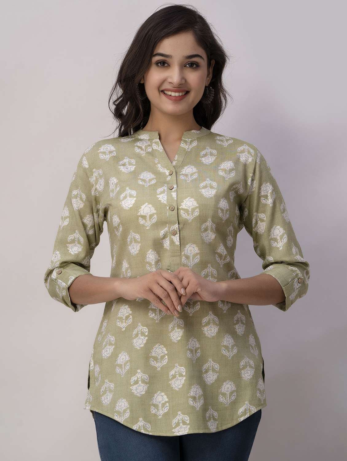 green printed mandarin neck tunic