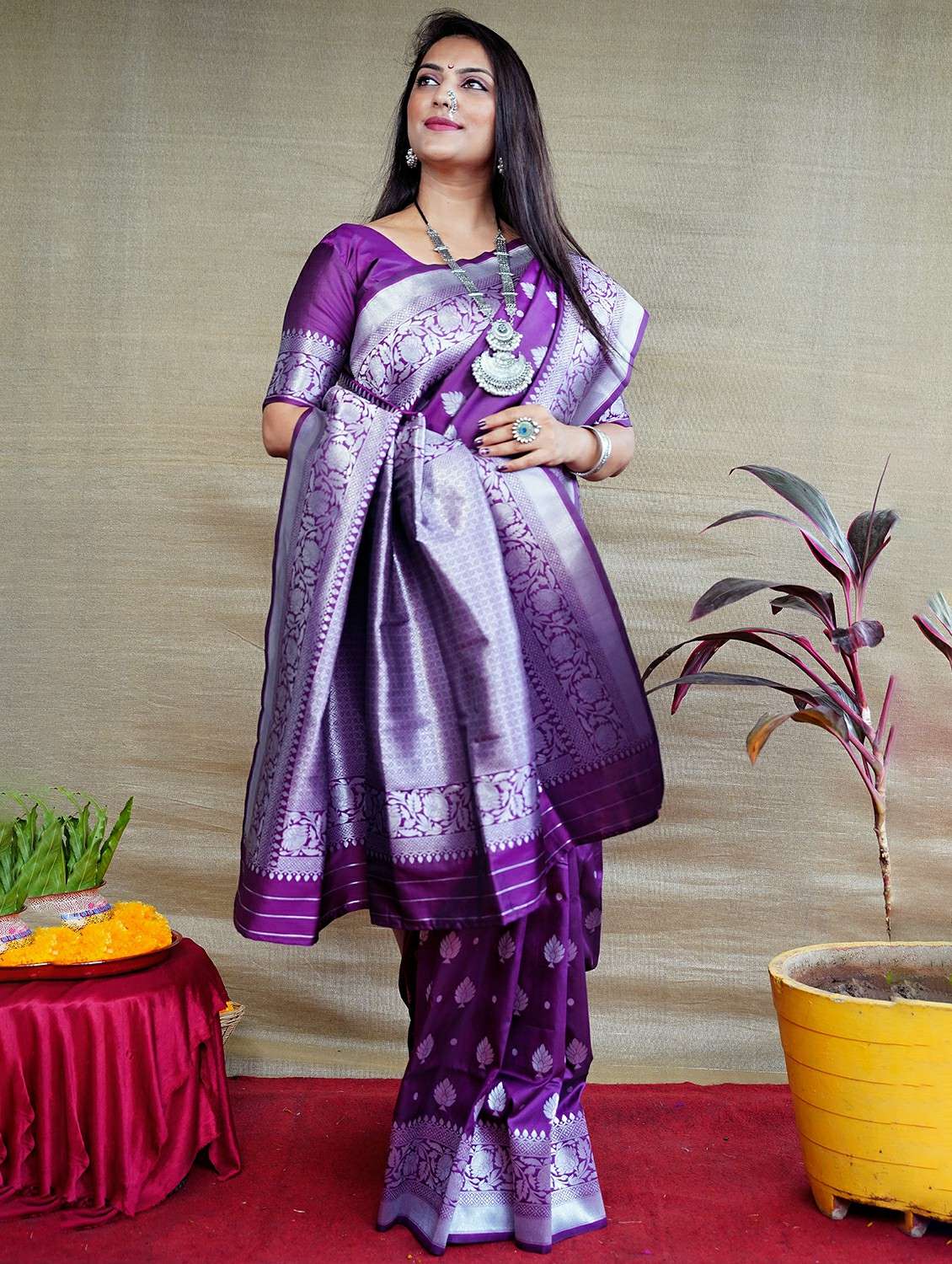 women's self design purple colored saree with blouse