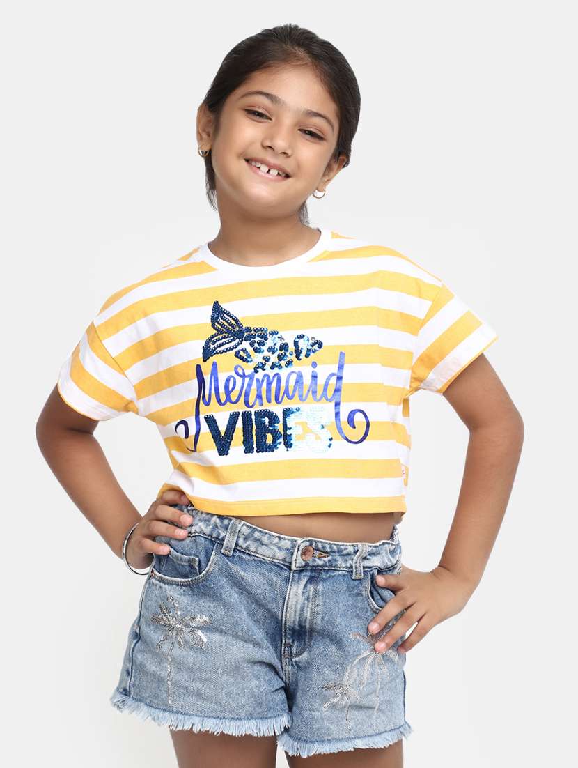 girls multi color striped with graphic printed cotton regular tee