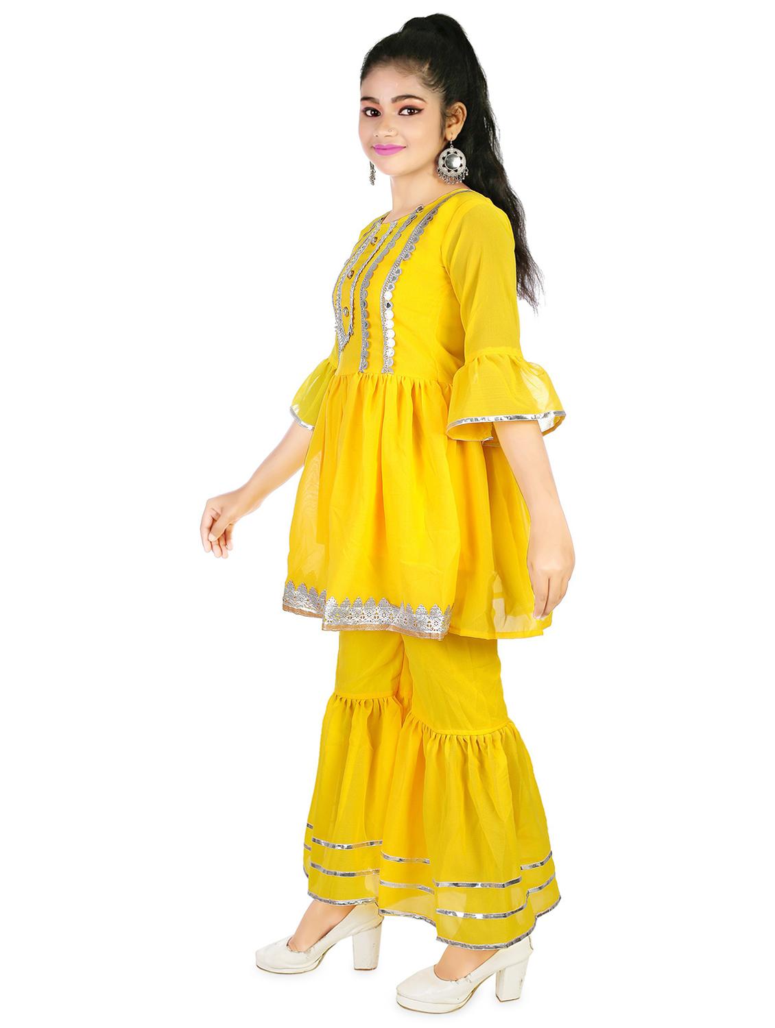 girls yellow embellished kurta sharara set - 20292806 -  Standard Image - 1