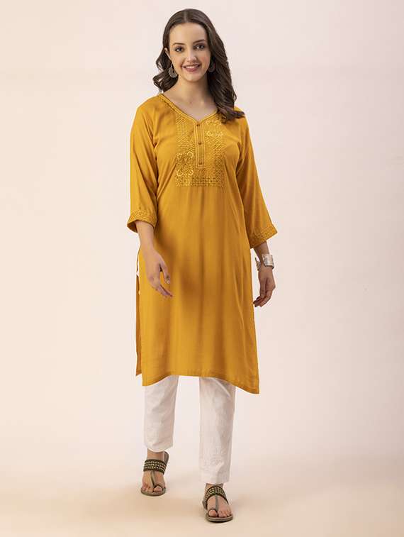 women yoke embroidered straight kurta - 20293320 - Zoom Image - 0