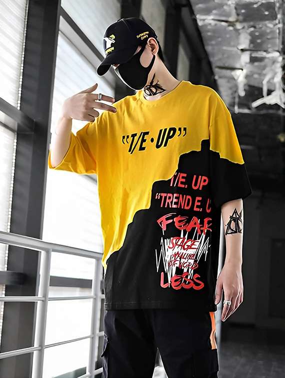 men mustard oversized color block t-shirt