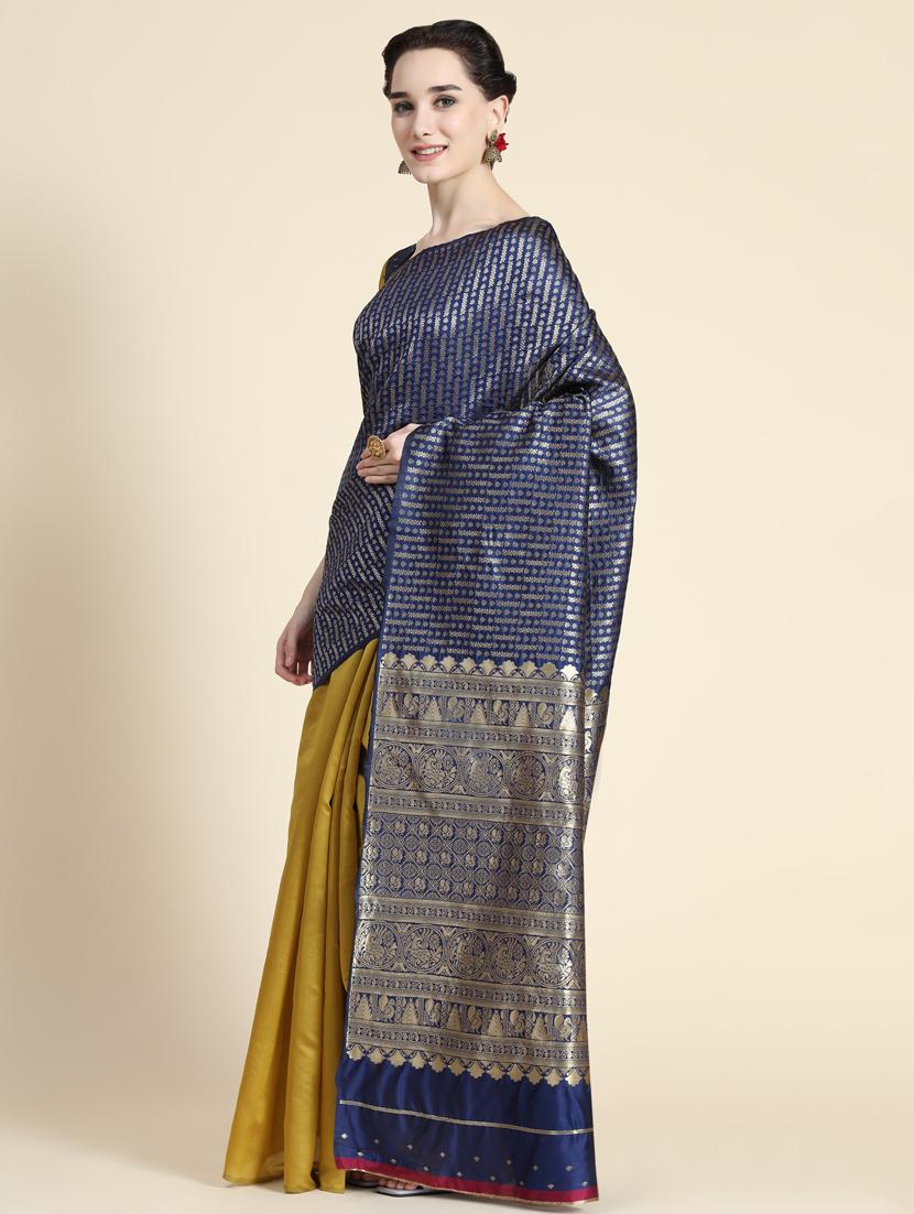 navy blue half & half banarasi saree with blouse - 20293913 - Standard Image - 1