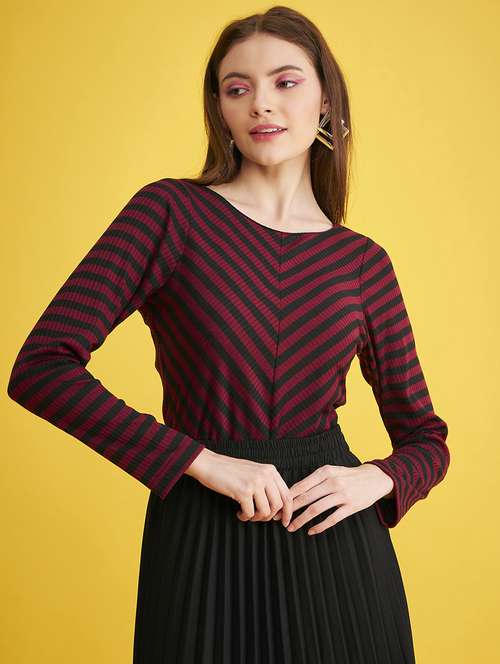 maroon striped round neck long sleeves top - 20293969 -  Standard Image - 0
