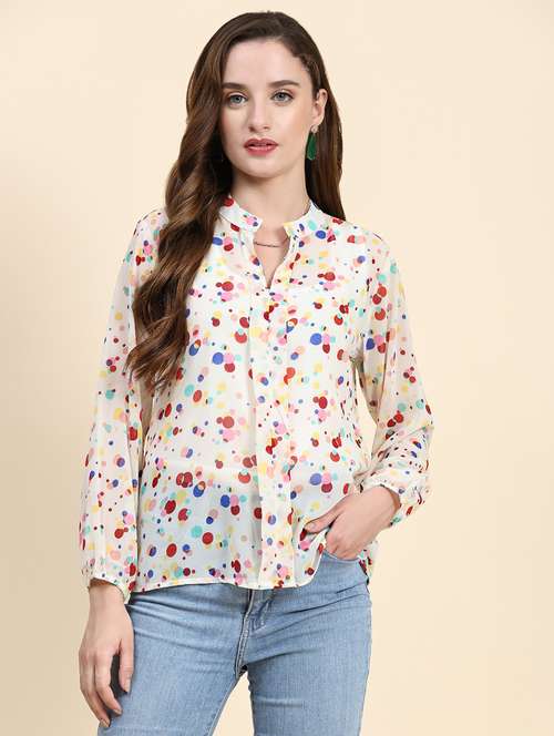 white polka doted mandarin neck top - 20294633 - Standard Image - 0