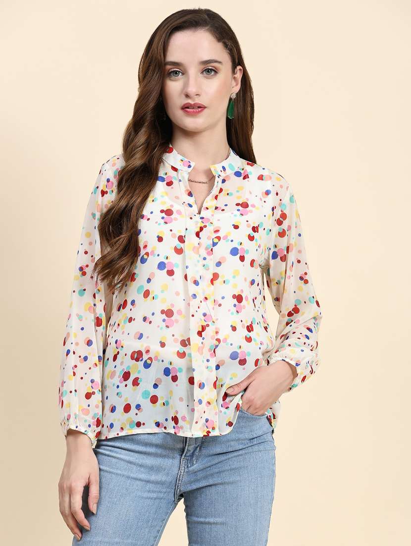 white polka doted mandarin neck top - 20294633 - Zoom Image - 0
