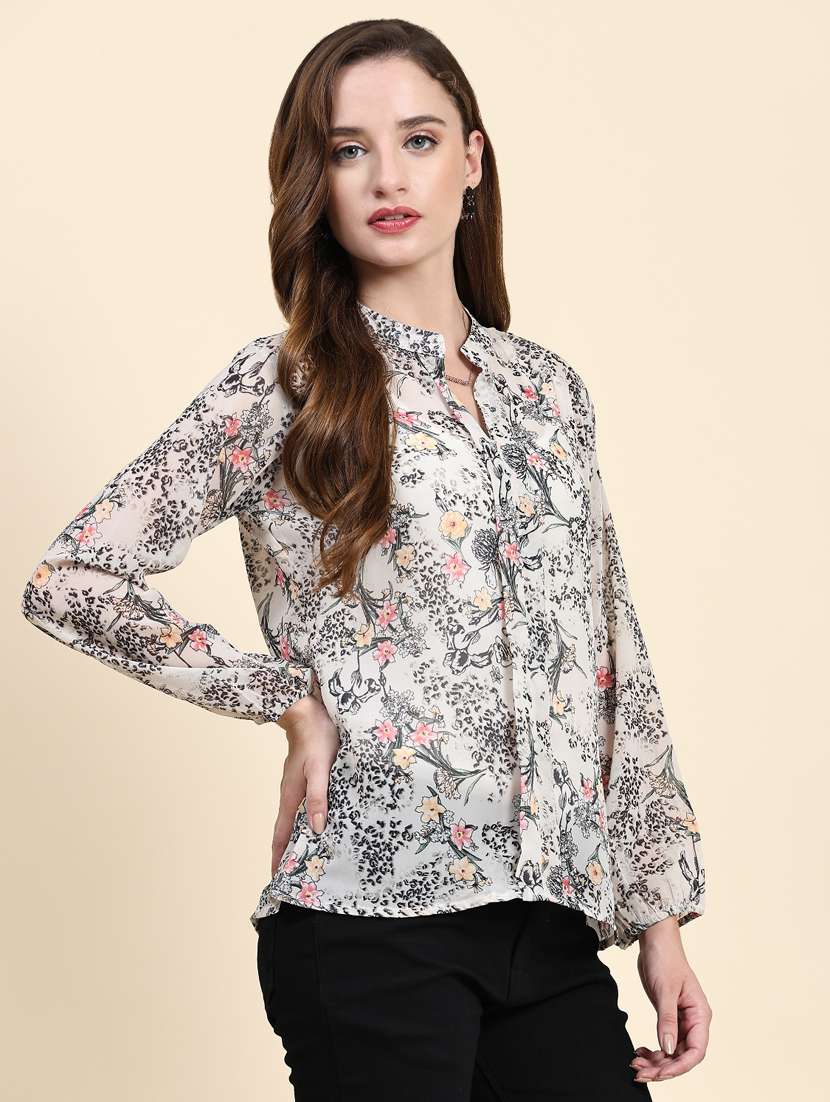 grey floral print mandarin neck top - 20294634 -  Standard Image - 1