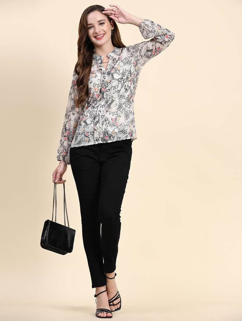 grey floral print mandarin neck top - 20294634 -  Standard Image - 4
