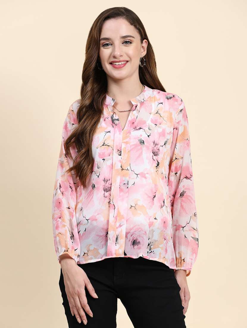 pink floral print mandarin neck top
