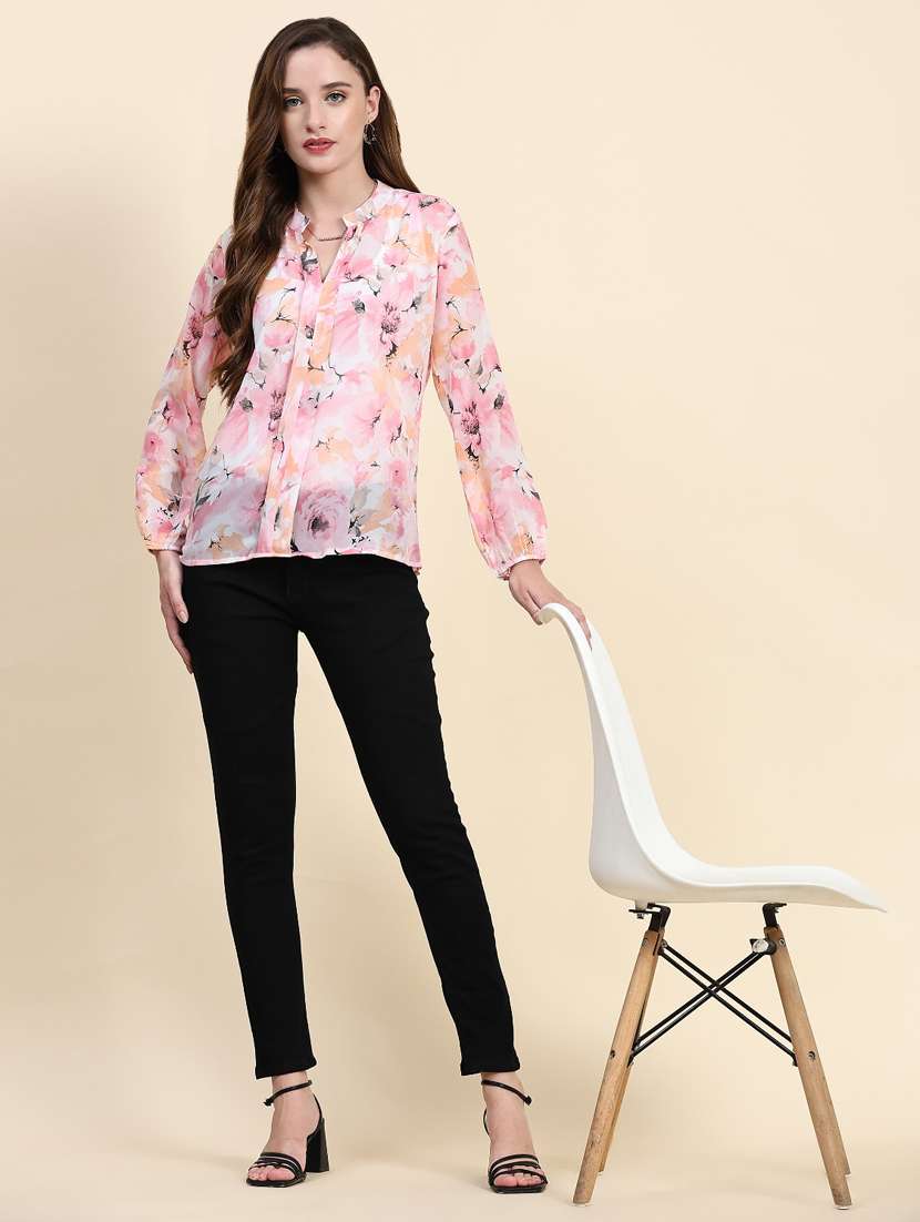 pink floral print mandarin neck top - 20294635 - Standard Image - 4