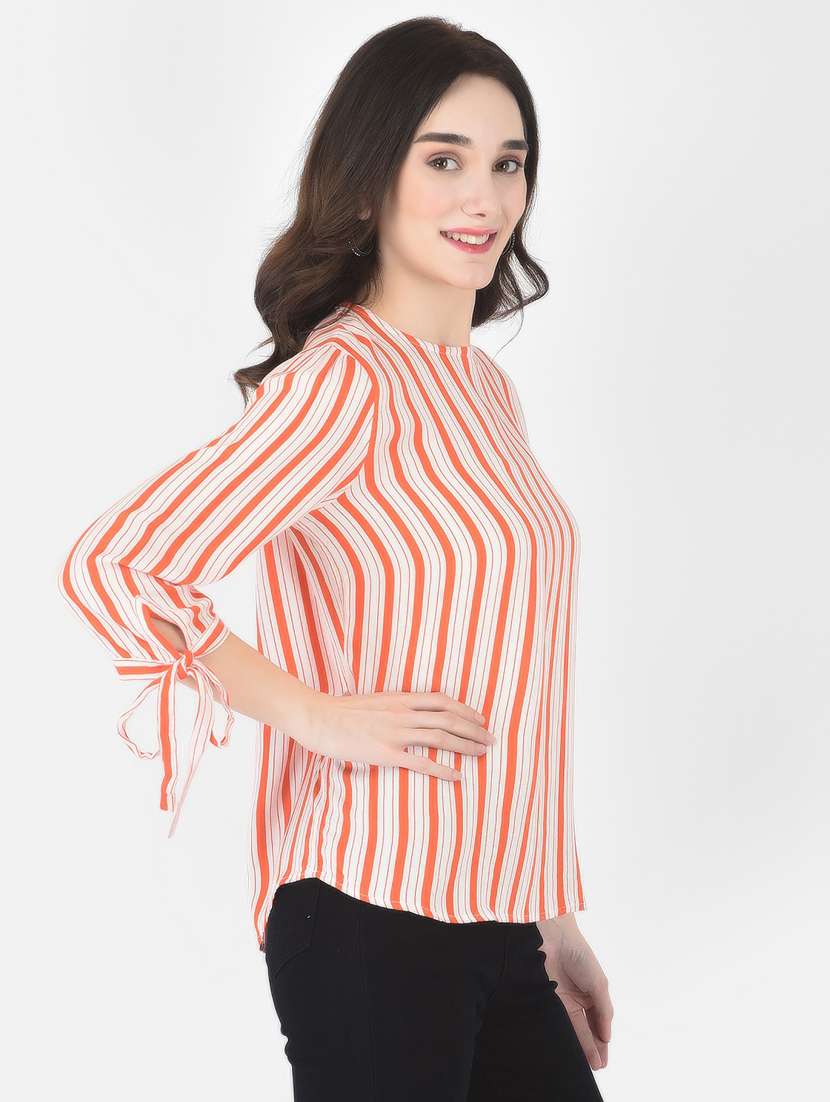 women orange stripes viscose regular top - 20294860 -  Standard Image - 1