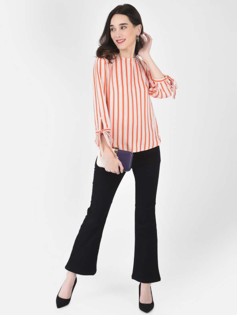 women orange stripes viscose regular top - 20294860 - Standard Image - 4