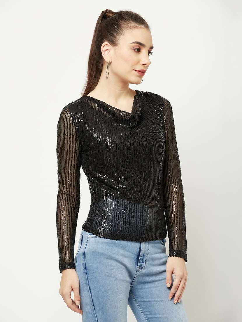 women black sequin cotton blend regular top - 20294883 -  Standard Image - 1